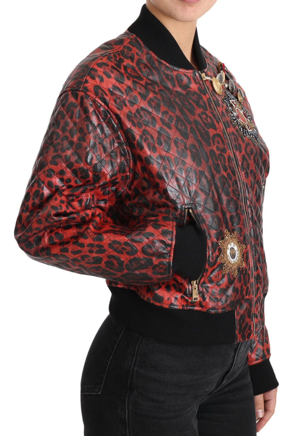 Dolce & Gabbana Red Leopard Button Crystal Leather Jacket - IT42|M - Bomber Jackets