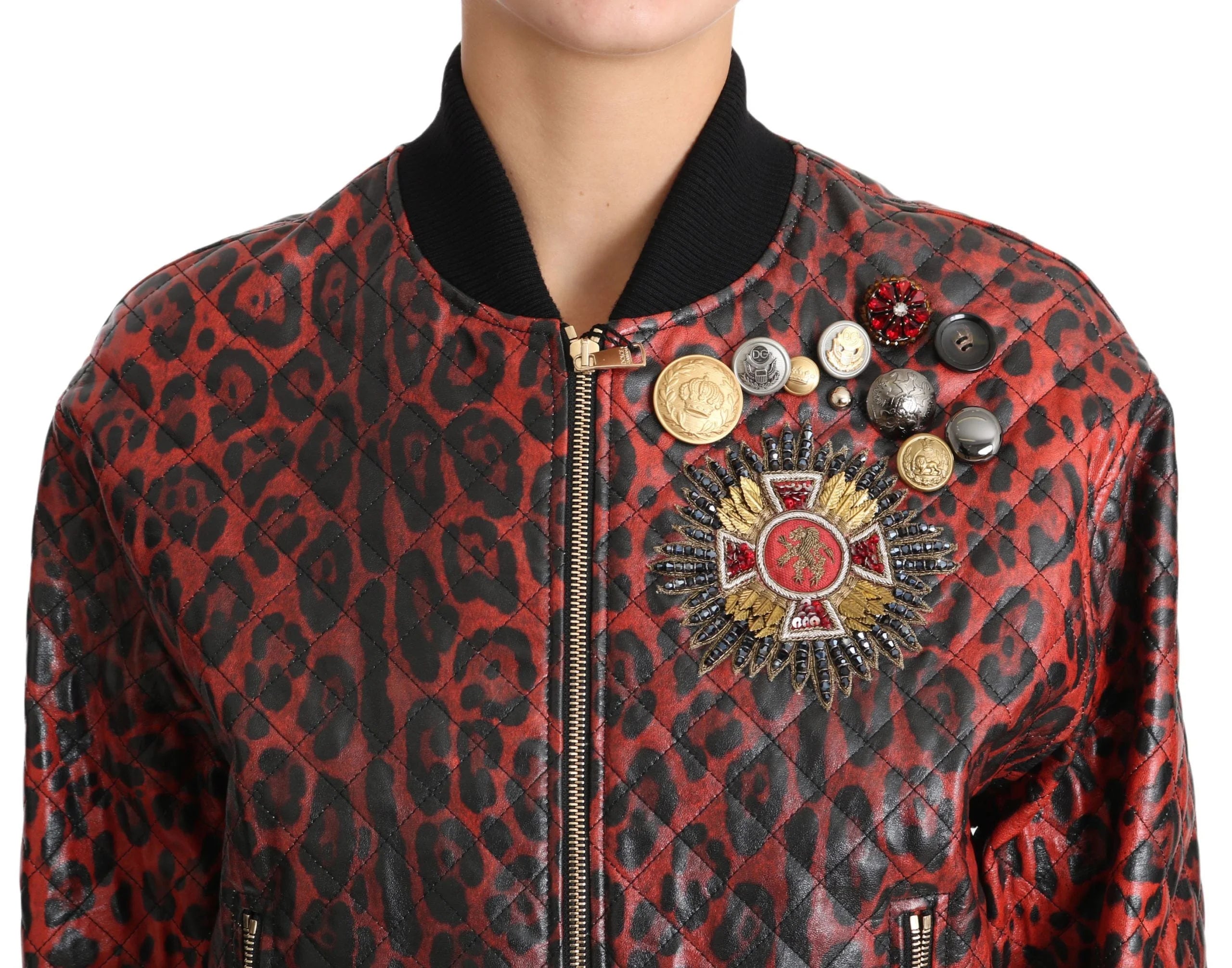 Dolce & Gabbana Red Leopard Button Crystal Leather Jacket - IT42|M - Bomber Jackets