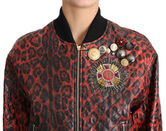 Dolce & Gabbana Red Leopard Button Crystal Leather Jacket - IT42|M - Bomber Jackets