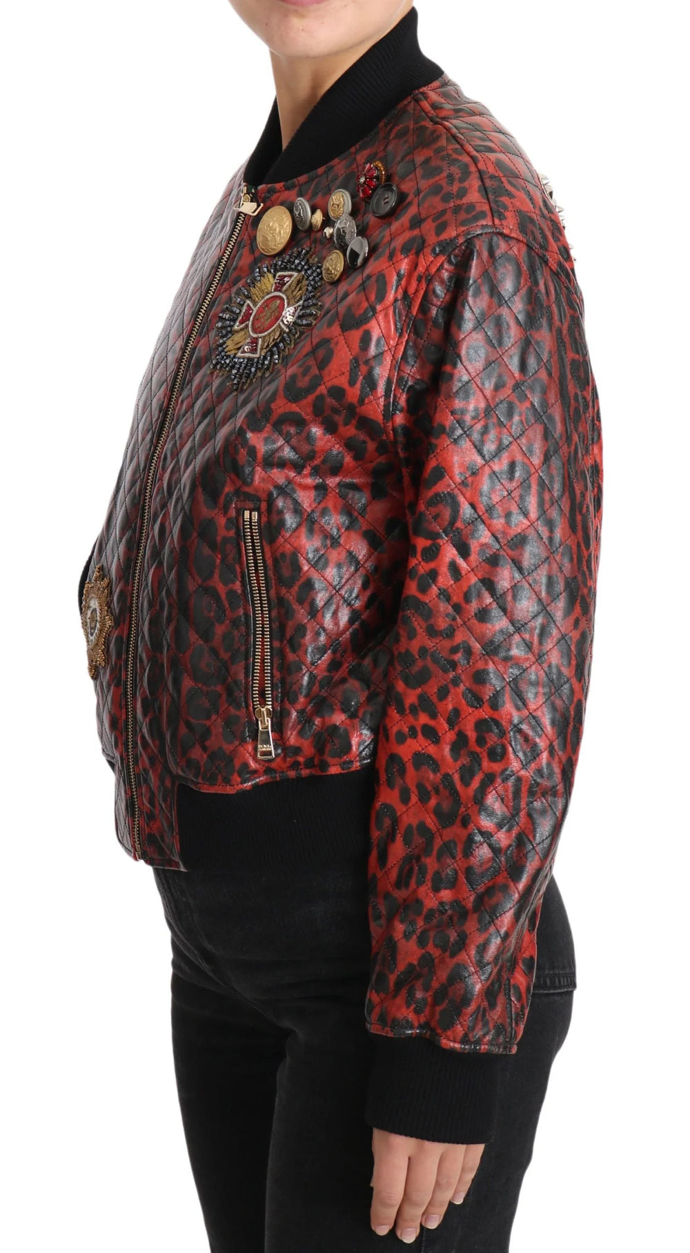 Dolce & Gabbana Red Leopard Button Crystal Leather Jacket - IT42|M - Bomber Jackets