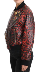 Dolce & Gabbana Red Leopard Button Crystal Leather Jacket - IT42|M - Bomber Jackets