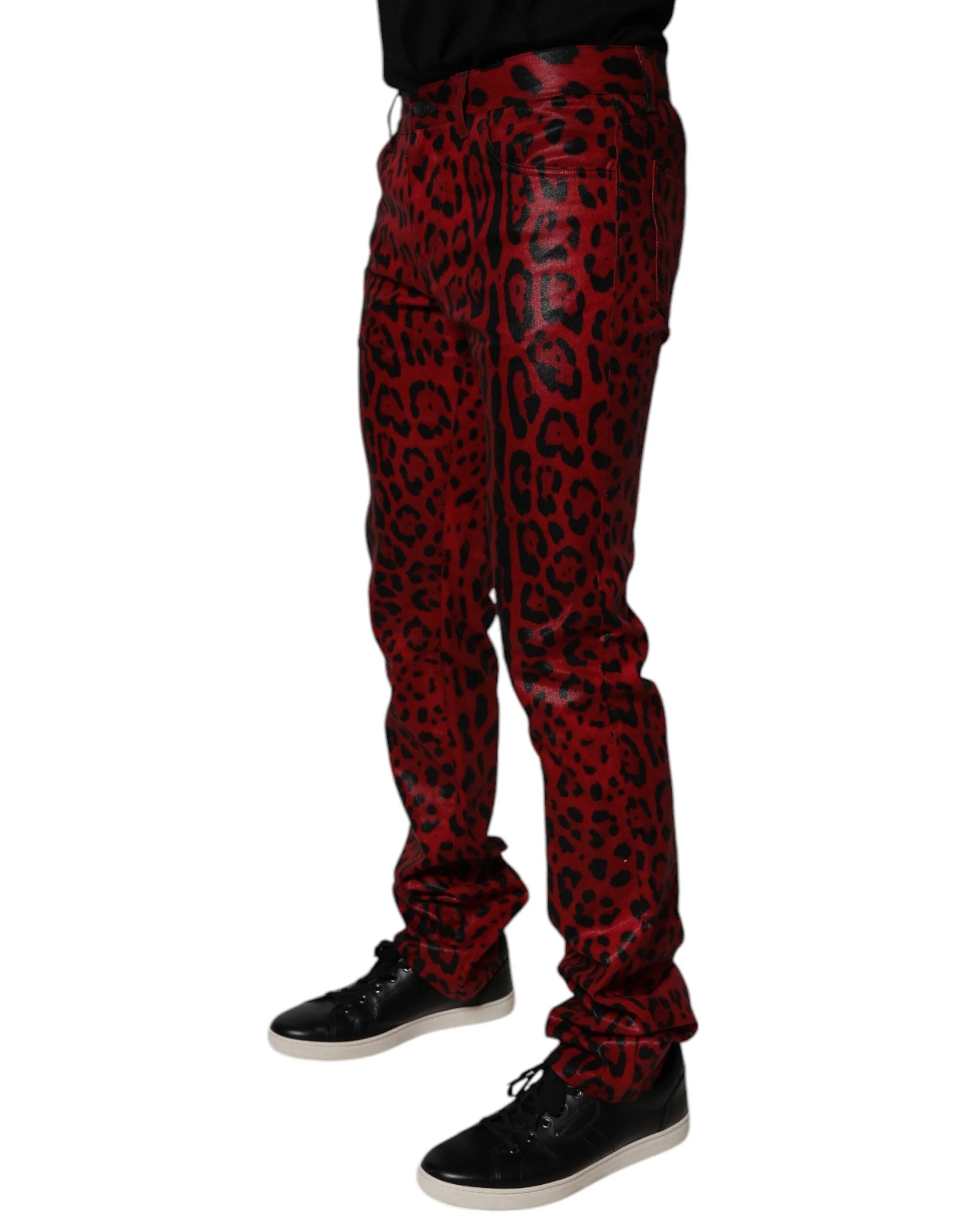 Dolce & Gabbana Red Leopard Cotton Slim Fit Denim Jeans - IT48 | M - Jeans