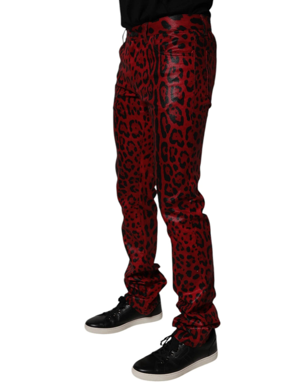 Dolce & Gabbana Red Leopard Cotton Slim Fit Denim Jeans - IT48 | M - Jeans