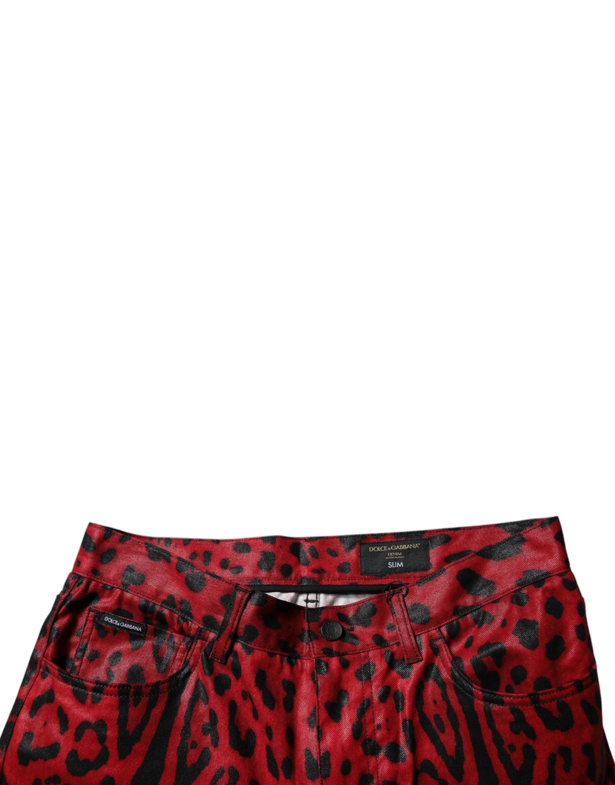 Dolce & Gabbana Red Leopard Cotton Slim Fit Denim Jeans - IT48 | M - Jeans