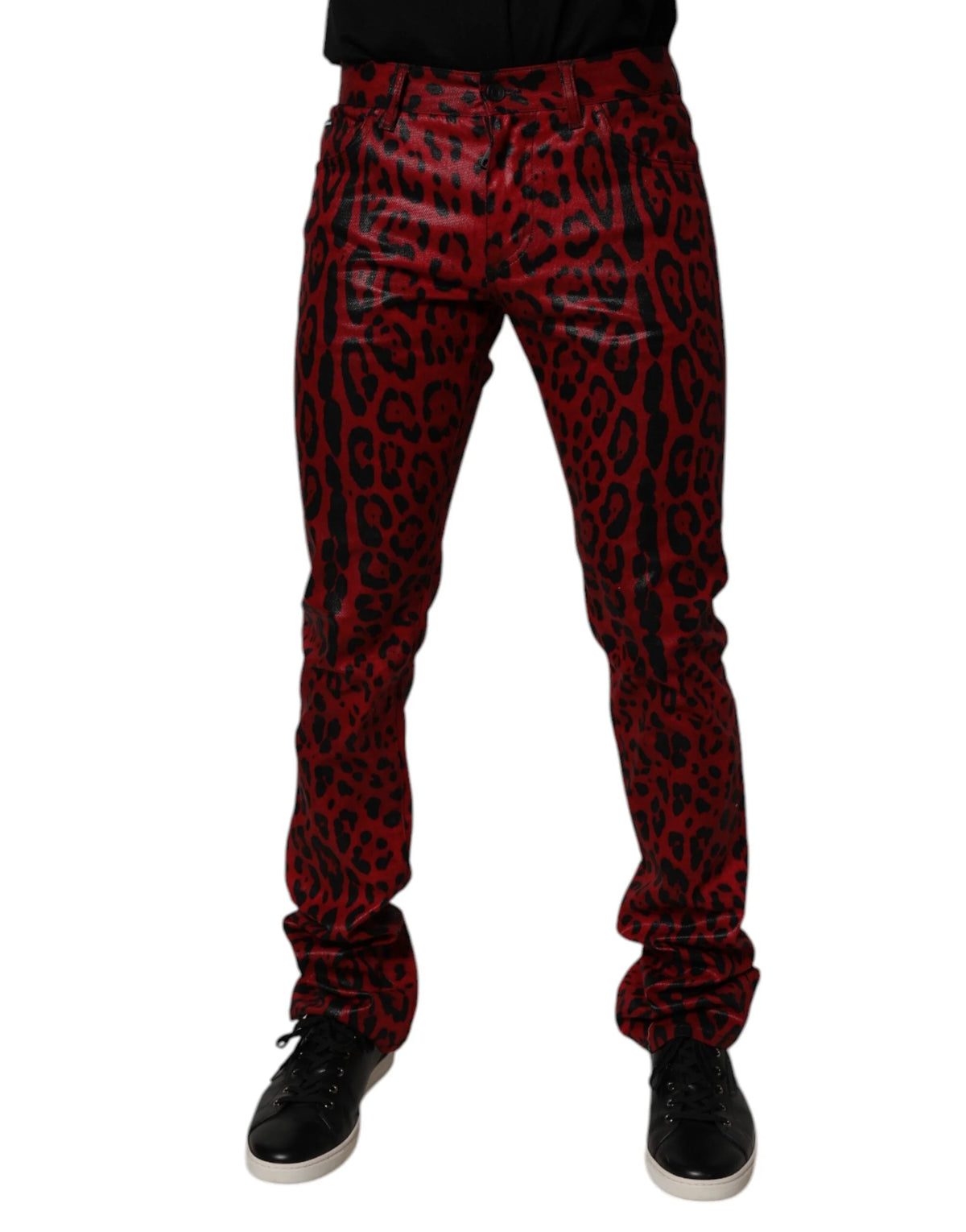 Dolce & Gabbana Red Leopard Cotton Slim Fit Denim Jeans - IT48 | M - Jeans