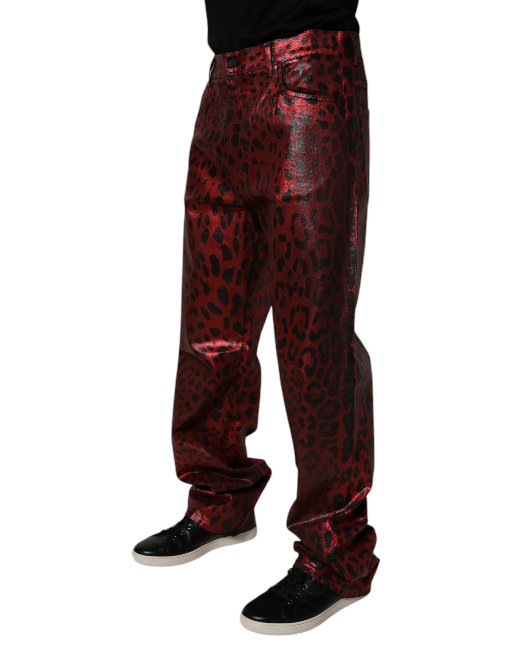 Dolce & Gabbana Red Leopard Cotton Straight Men Denim Jeans - IT48 | M - Jeans
