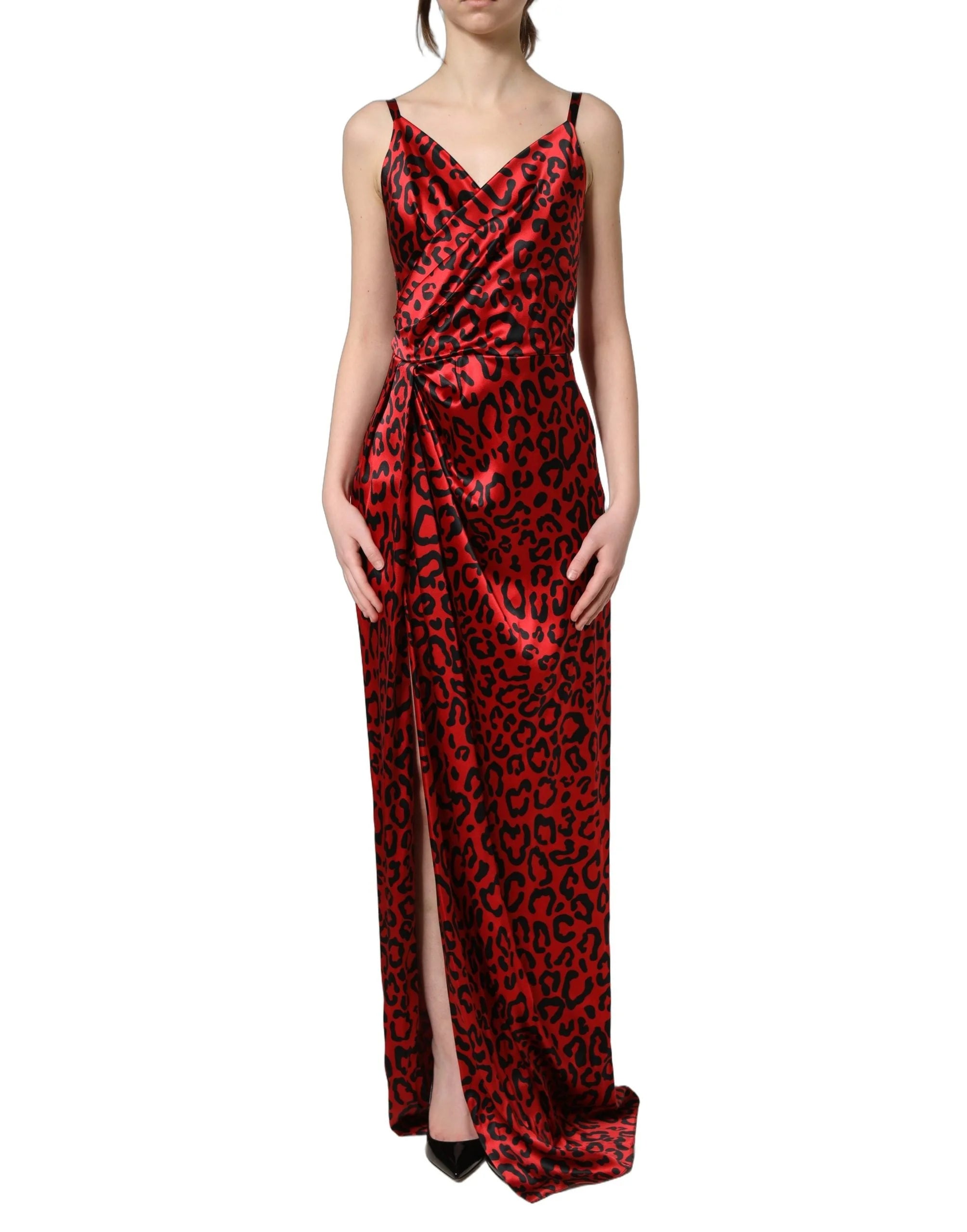 Dolce & Gabbana Red Leopard Draped Sleeveless Maxi Dress - IT36|XXS