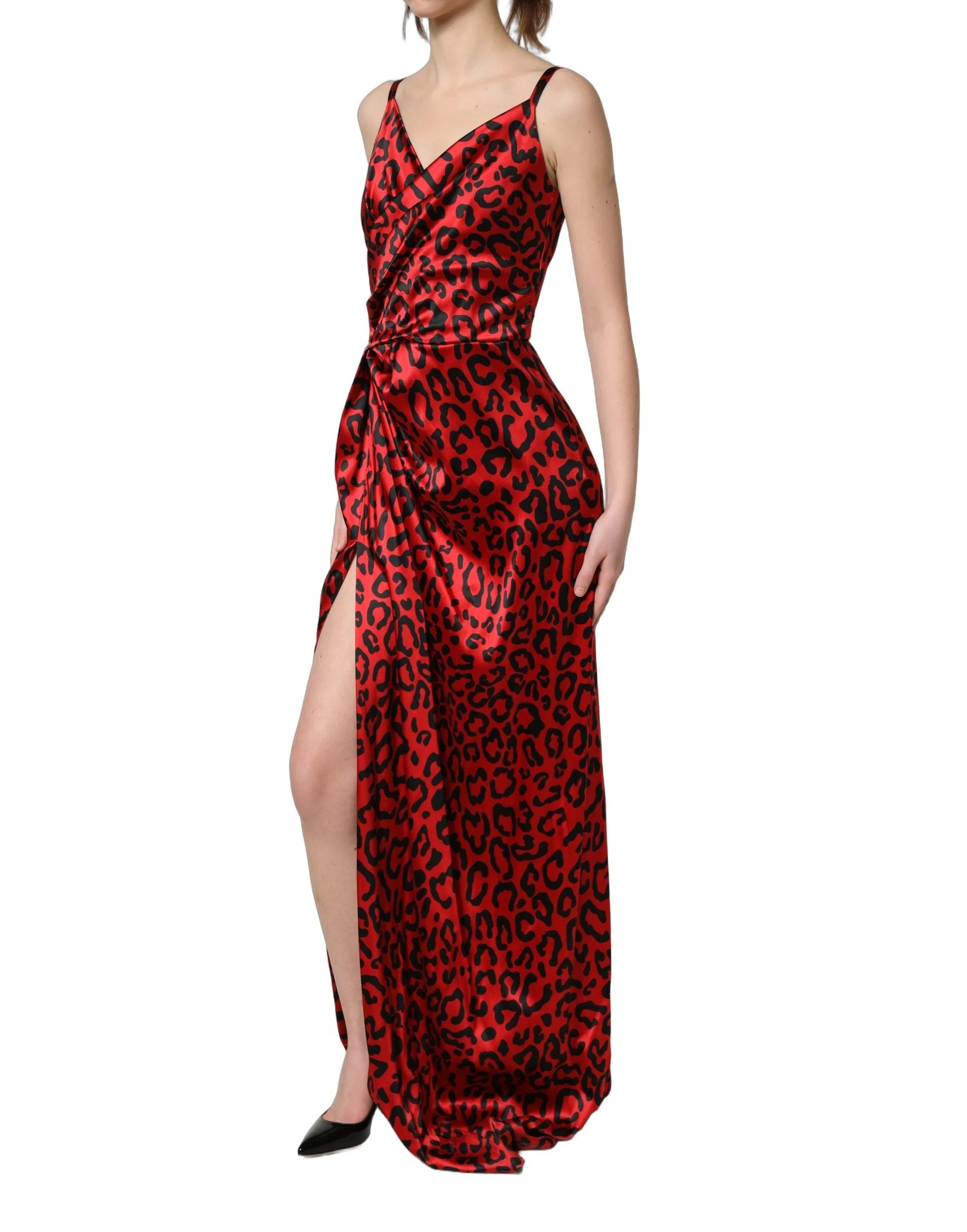 Dolce & Gabbana Red Leopard Draped Sleeveless Maxi Dress - IT36|XXS