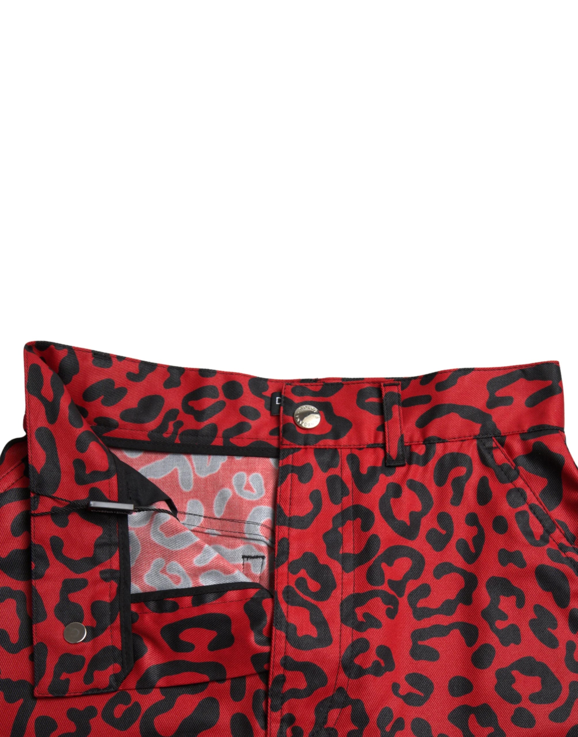 Dolce & Gabbana Red Leopard Print Cotton High Waist Mini Skirt - IT40|S