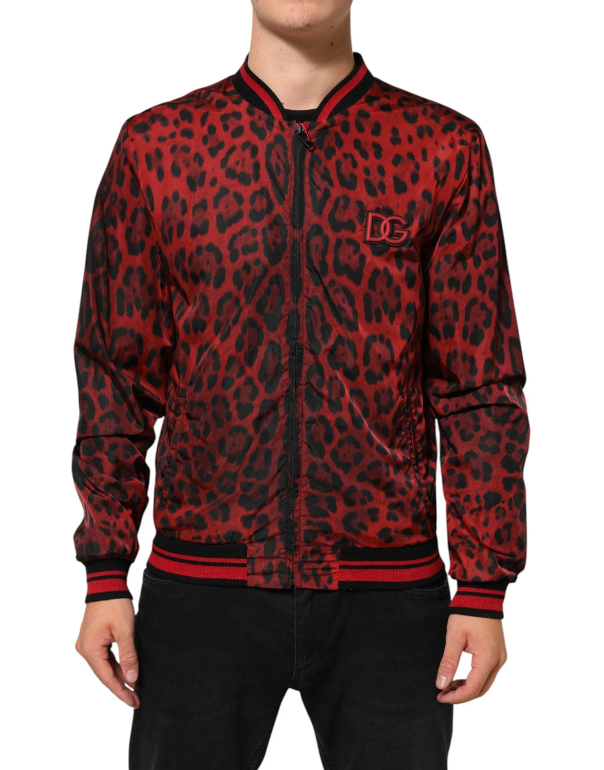 Dolce & Gabbana Red Leopard Print Full Zip Bomber Men Jacket - Bomber Jackets