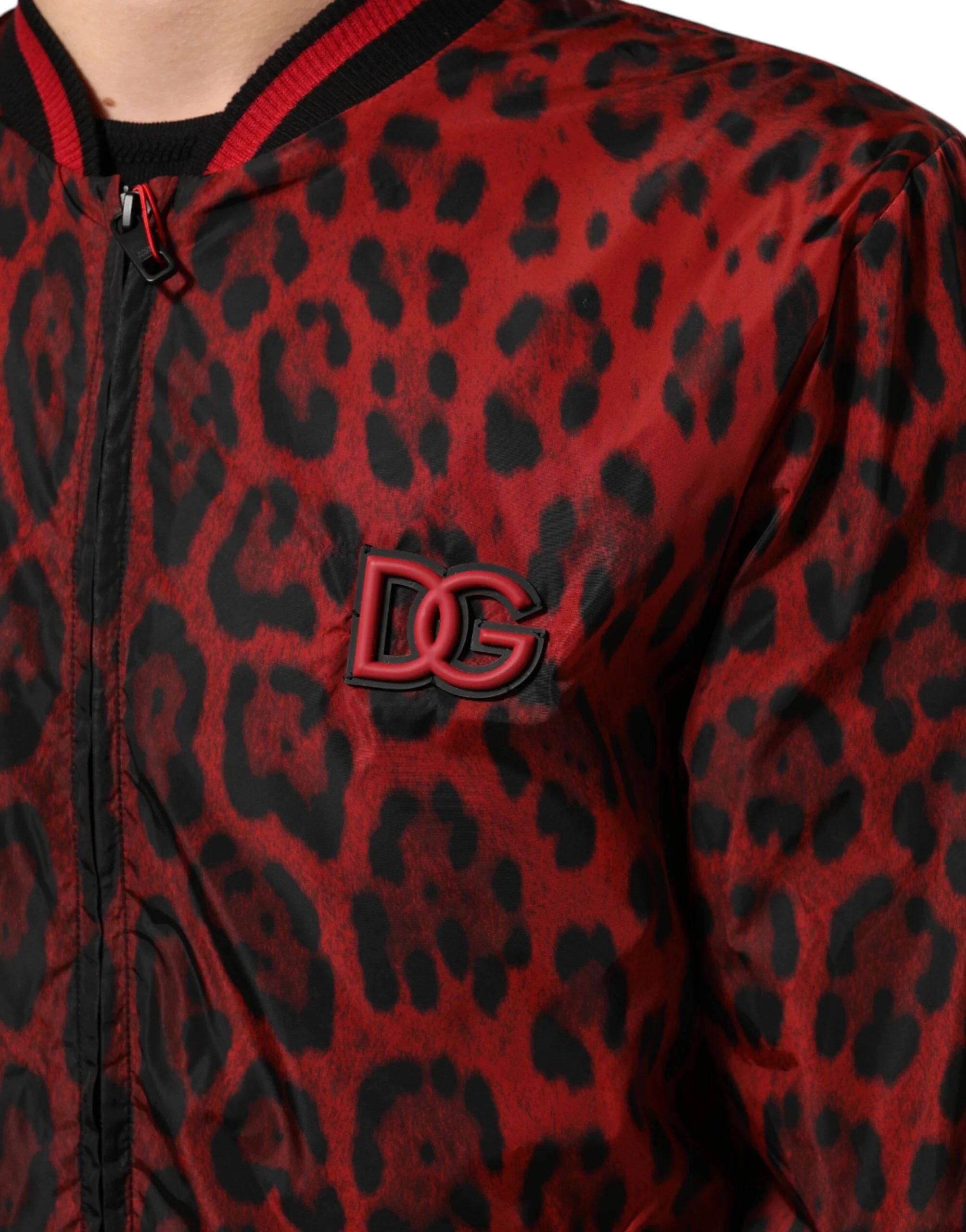 Dolce & Gabbana Red Leopard Print Full Zip Bomber Men Jacket - Bomber Jackets