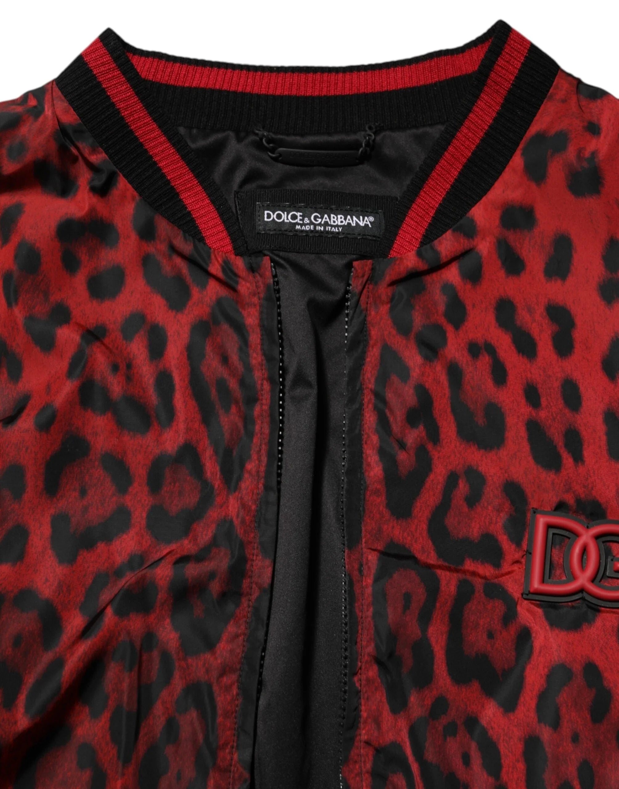 Dolce & Gabbana Red Leopard Print Full Zip Bomber Men Jacket - Bomber Jackets