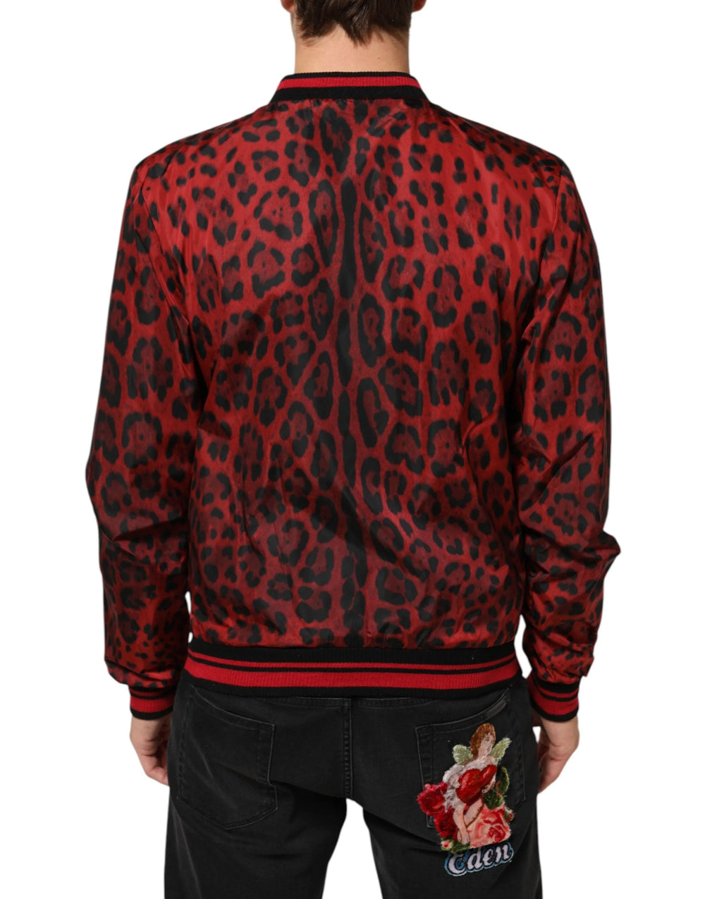 Dolce & Gabbana Red Leopard Print Full Zip Bomber Men Jacket - Bomber Jackets