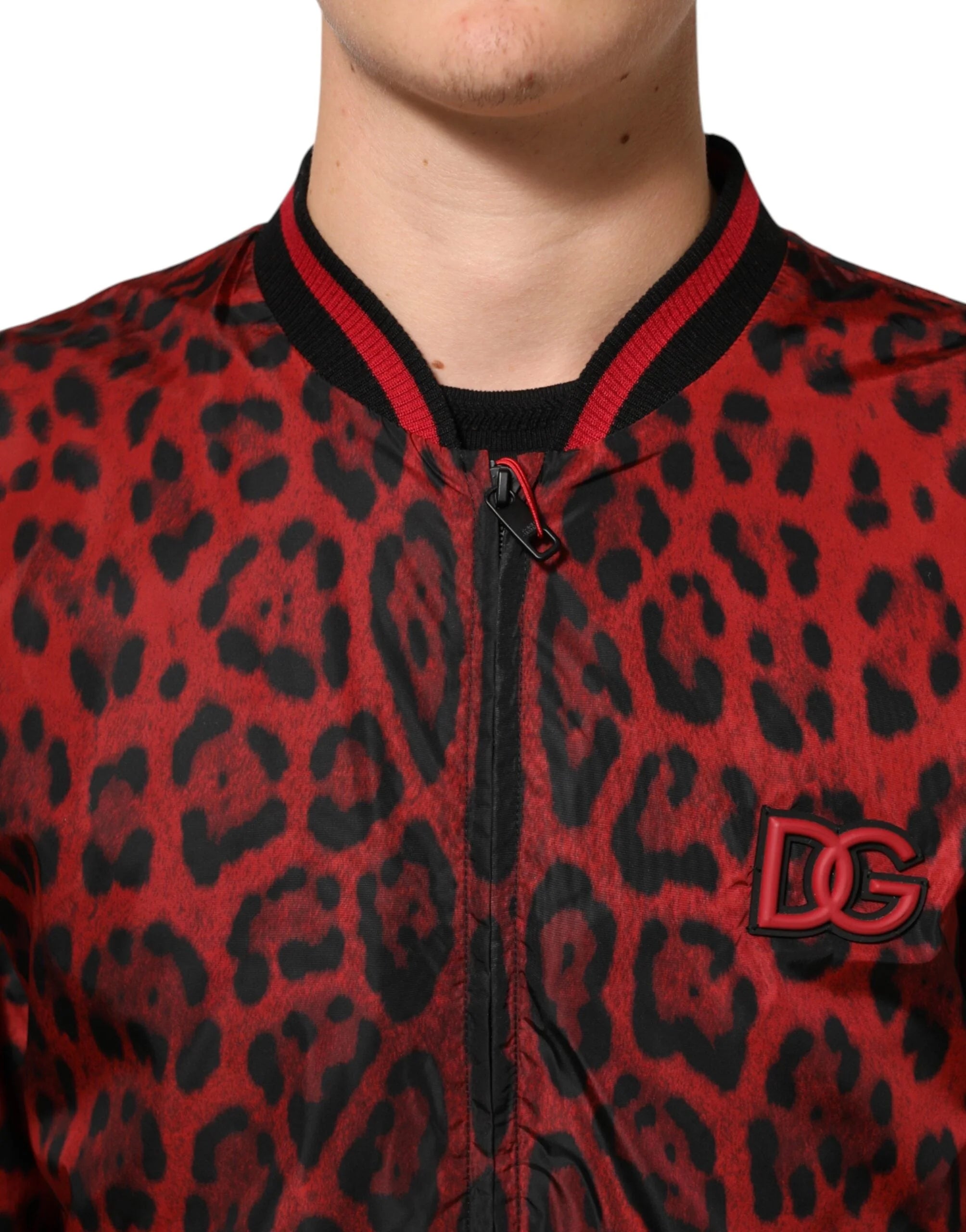 Dolce & Gabbana Red Leopard Print Full Zip Bomber Men Jacket - Bomber Jackets