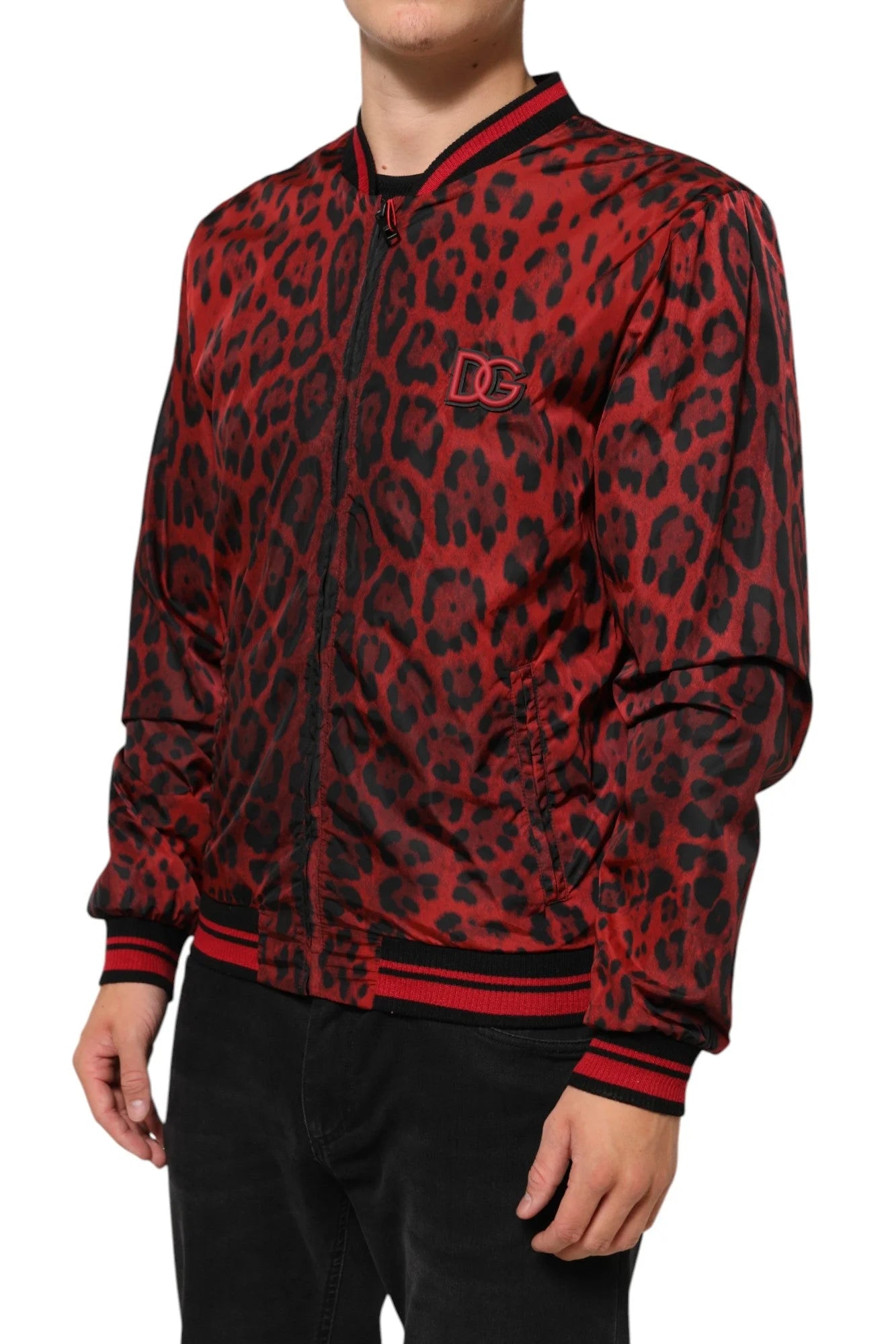 Dolce & Gabbana Red Leopard Print Full Zip Bomber Men Jacket - Bomber Jackets