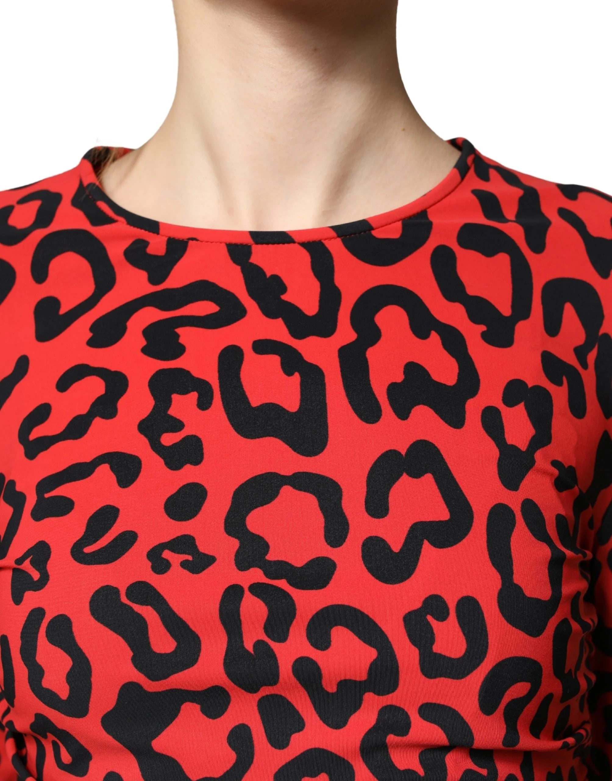 Dolce & Gabbana Red Leopard Print Long Sleeves Midi Dress - IT36|XXS