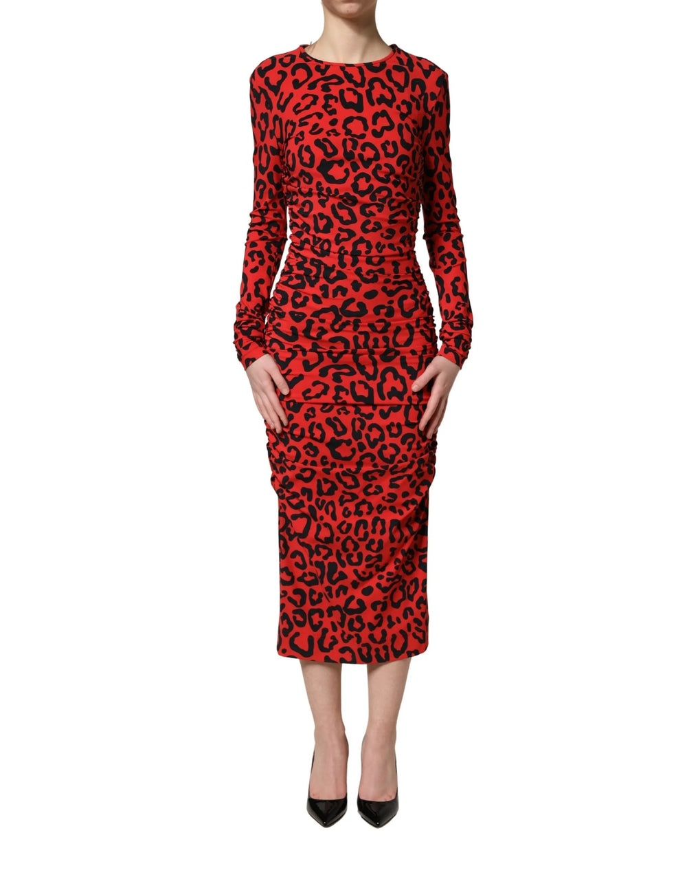 Dolce & Gabbana Red Leopard Print Long Sleeves Midi Dress - IT36|XXS