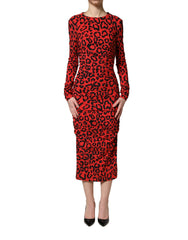 Dolce & Gabbana Red Leopard Print Long Sleeves Midi Dress - IT36|XXS