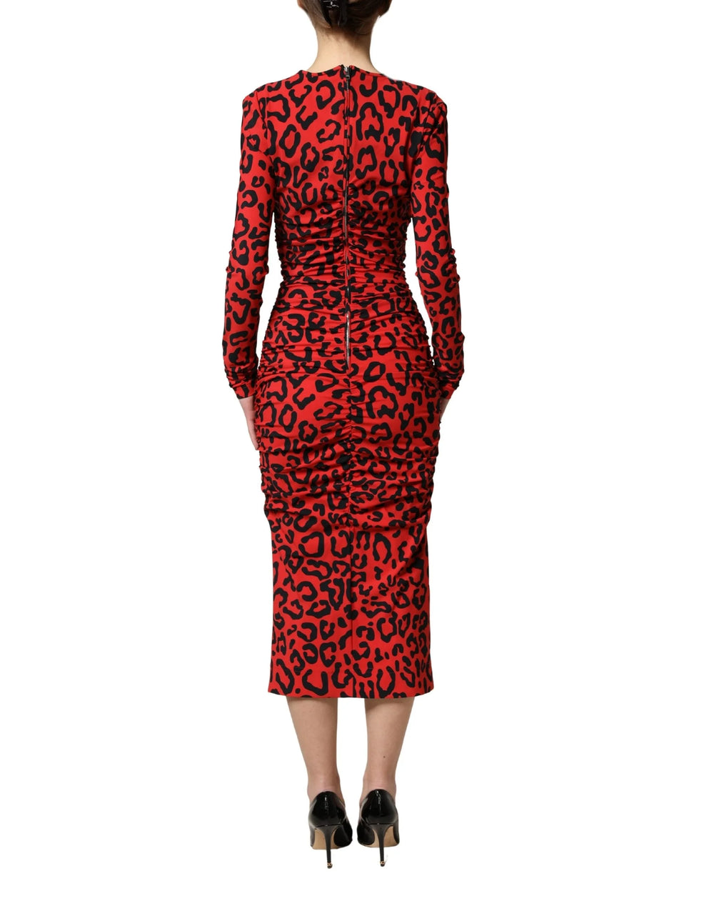 Dolce & Gabbana Red Leopard Print Long Sleeves Midi Dress - IT36|XXS