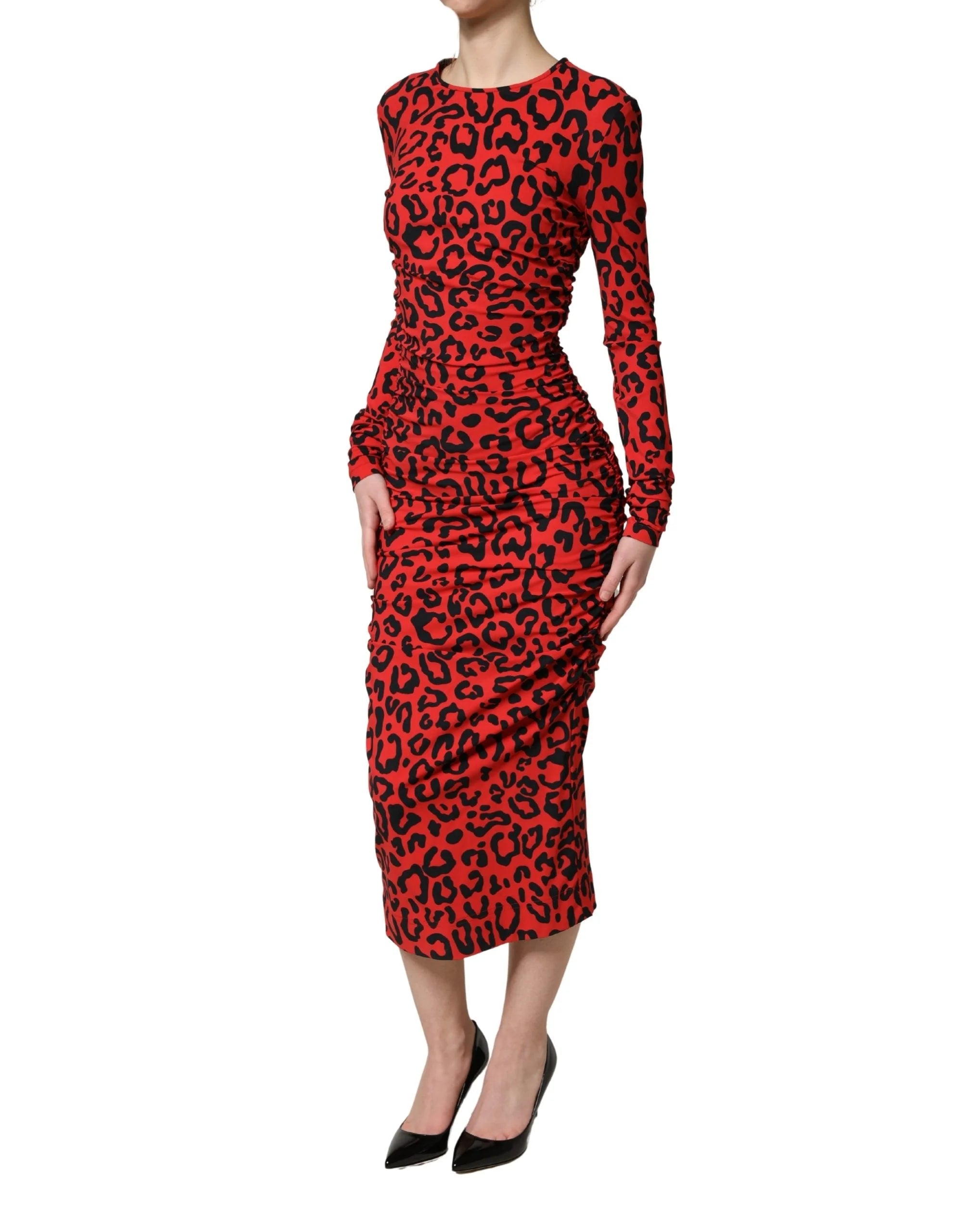 Dolce & Gabbana Red Leopard Print Long Sleeves Midi Dress - IT36|XXS