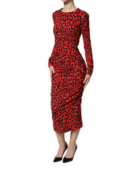 Dolce & Gabbana Red Leopard Print Long Sleeves Midi Dress - IT36|XXS