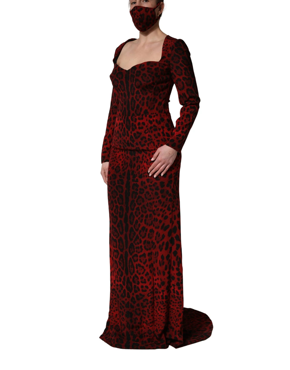 Dolce & Gabbana Red Leopard Print Sheath Long Sleeve Dress - IT42|M
