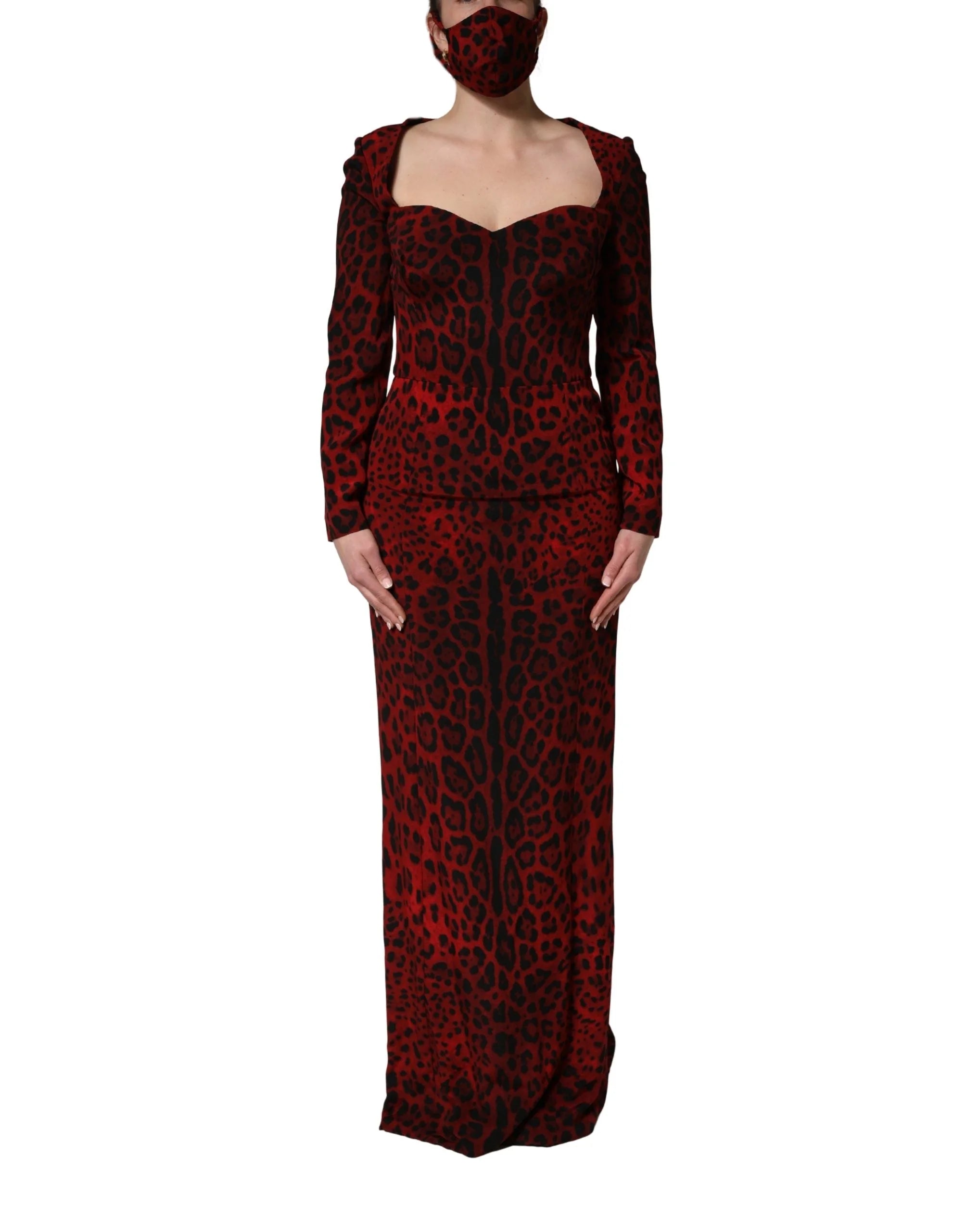 Dolce & Gabbana Red Leopard Print Sheath Long Sleeve Dress - IT42|M