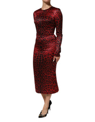 Dolce & Gabbana Red Leopard Sheath Long Sleeves Dress - Dresses