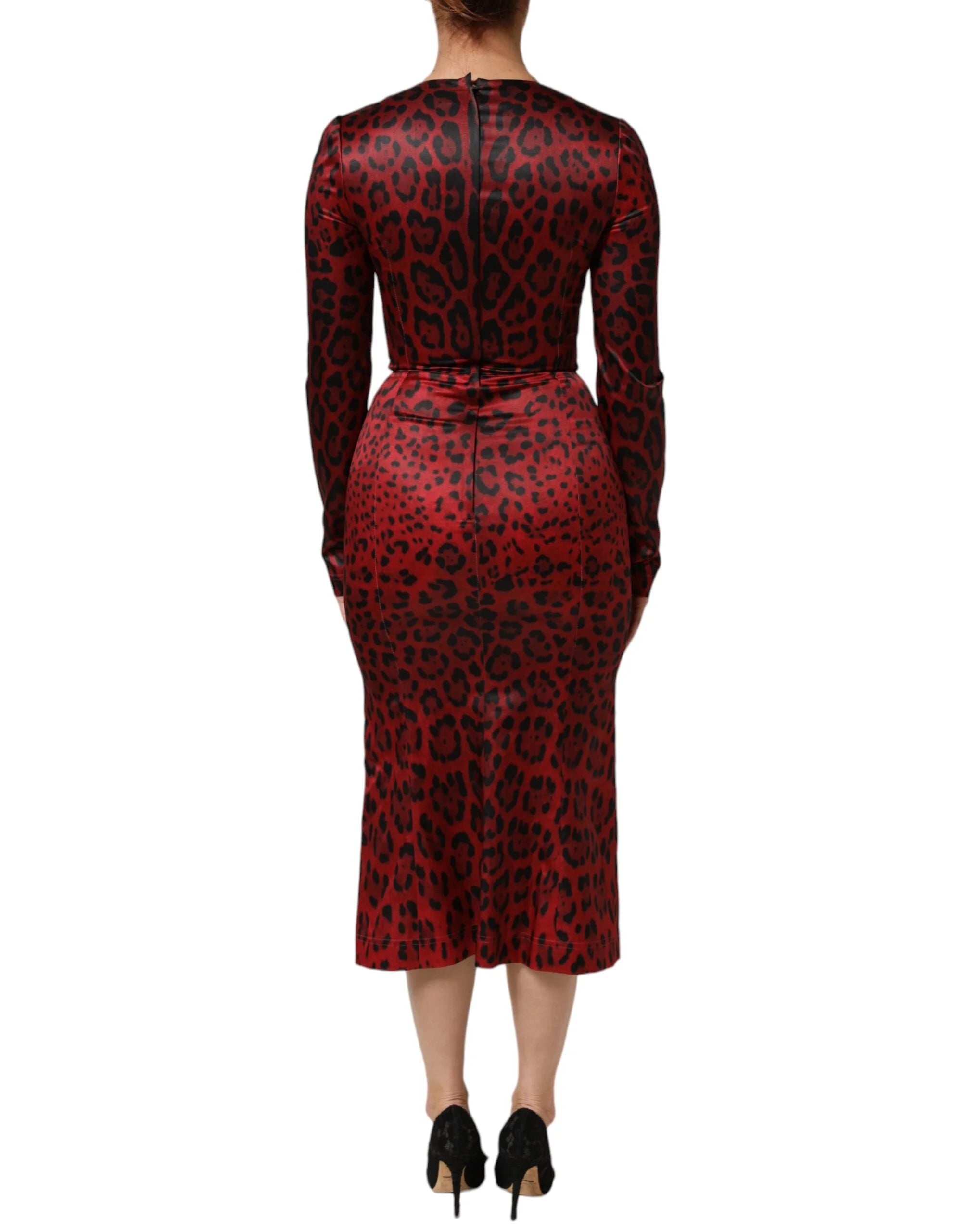 Dolce & Gabbana Red Leopard Sheath Long Sleeves Dress - Dresses