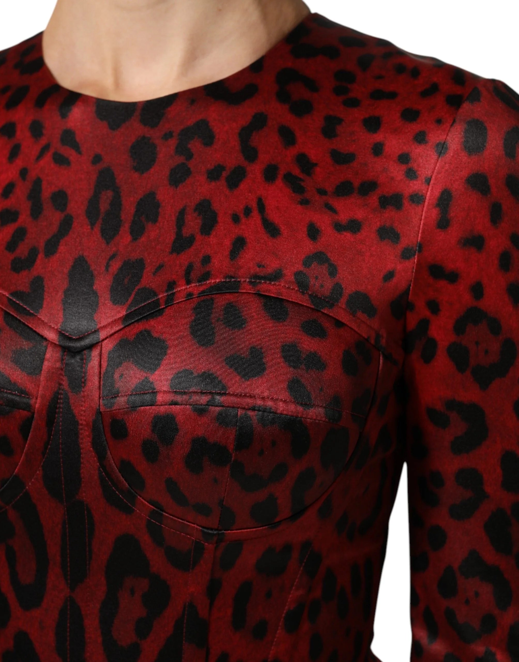 Dolce & Gabbana Red Leopard Sheath Long Sleeves Dress - Dresses