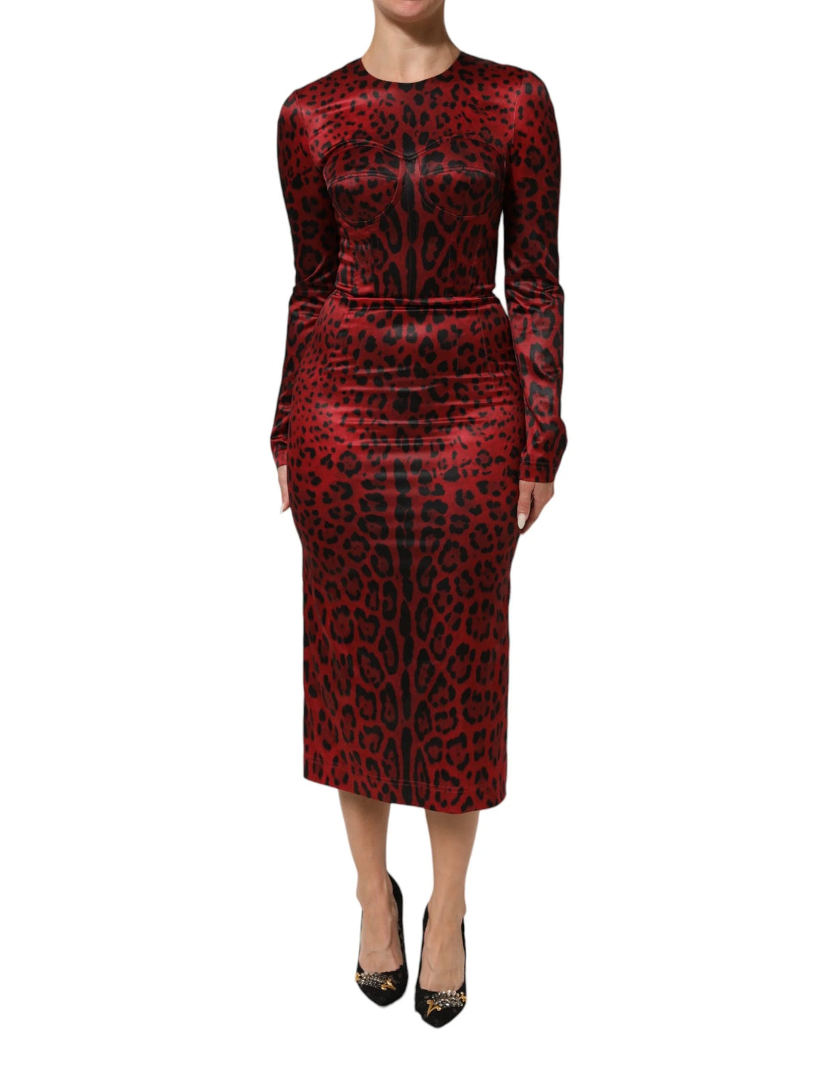 Dolce & Gabbana Red Leopard Sheath Long Sleeves Dress - Dresses