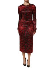 Dolce & Gabbana Red Leopard Sheath Long Sleeves Dress - Dresses