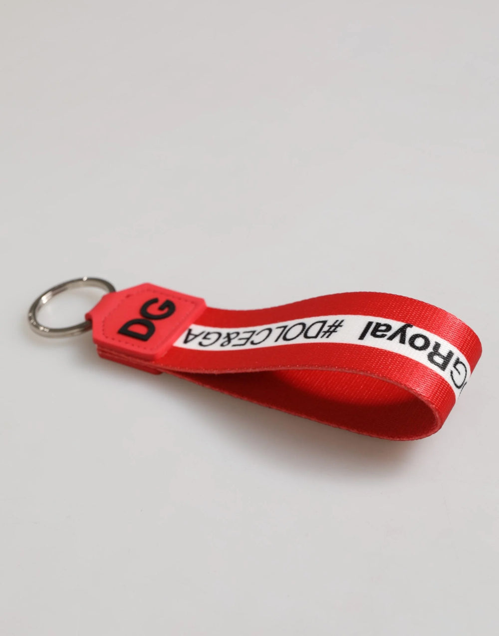 Dolce & Gabbana Red Logo Polyester Silver Brass Holder Keychain Men Keyring - Keychains