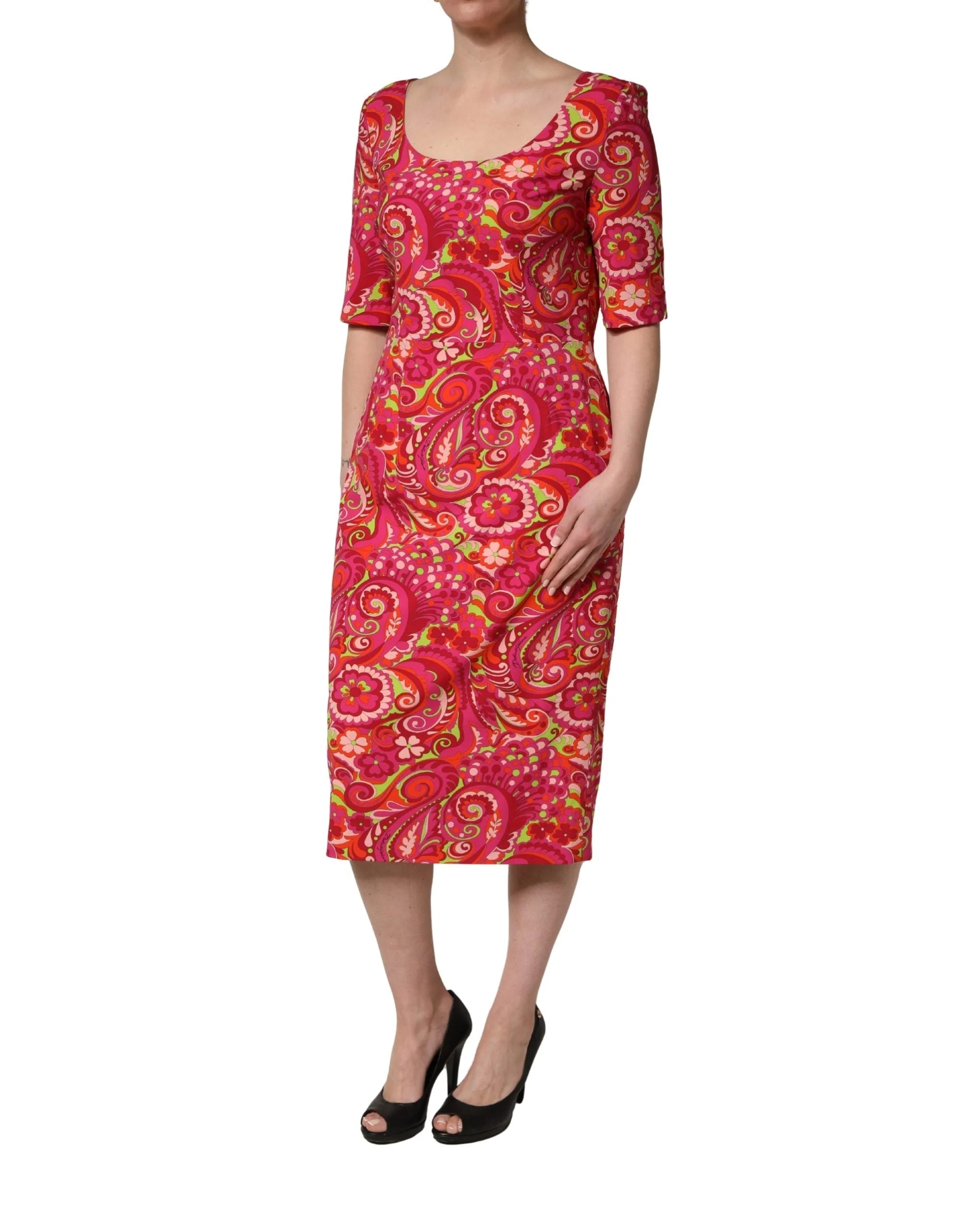 Dolce & Gabbana Red Paisley Floral Print Sheath Midi Dress - IT48|XXL