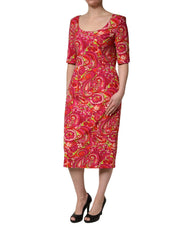 Dolce & Gabbana Red Paisley Floral Print Sheath Midi Dress - IT48|XXL
