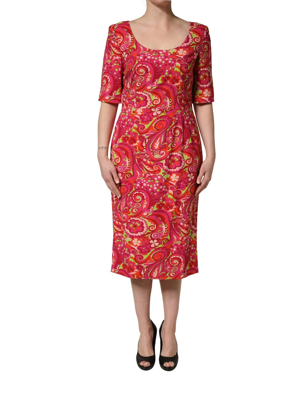 Dolce & Gabbana Red Paisley Floral Print Sheath Midi Dress - IT48|XXL