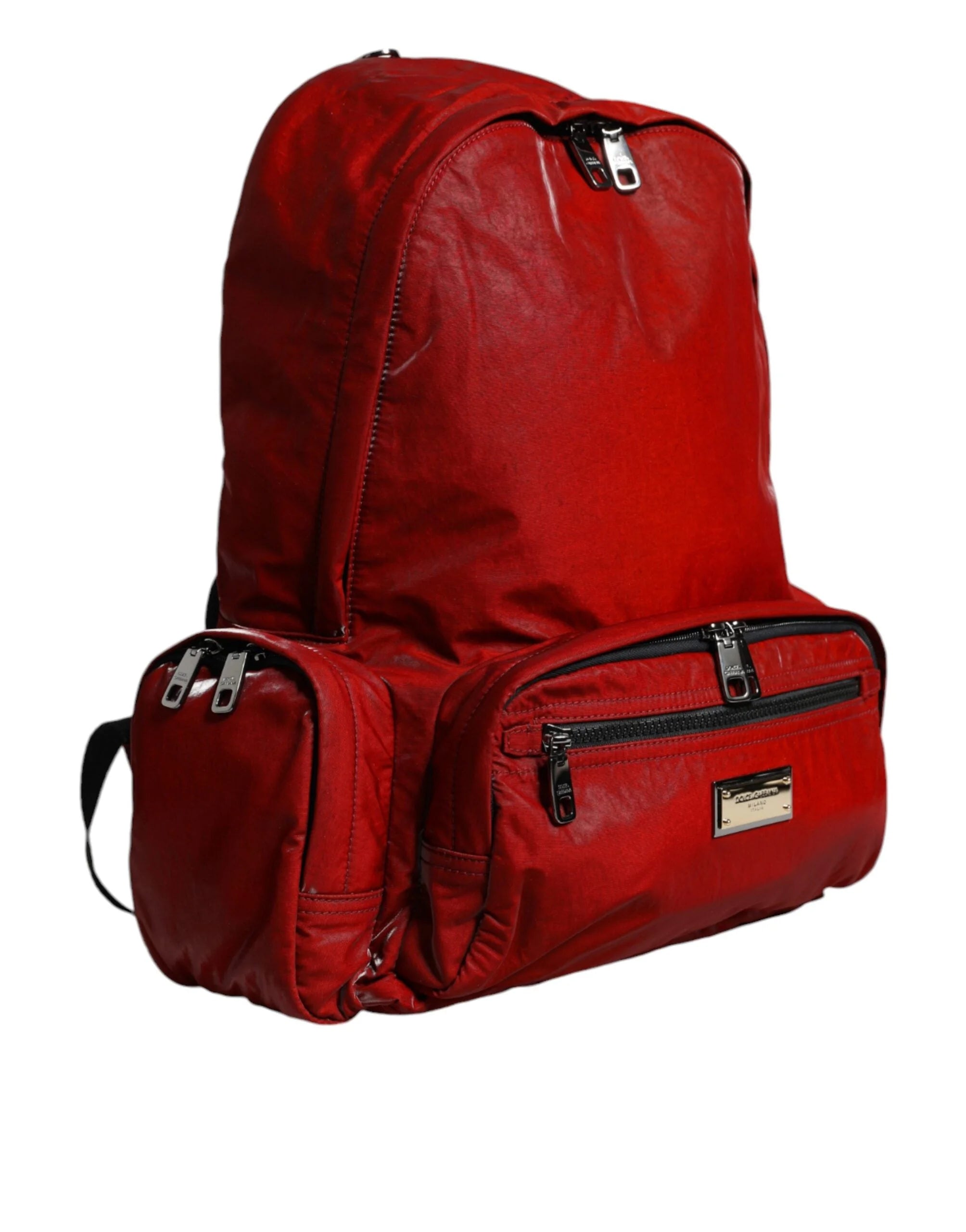 Dolce & Gabbana Red Patent Leather Logo Plaque Backpack Bag - Backpacks