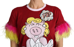 Dolce & Gabbana Red Pig Print Feather Sleeves T-shirt Top - T-Shirts