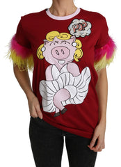 Dolce & Gabbana Red Pig Print Feather Sleeves T-shirt Top - T-Shirts