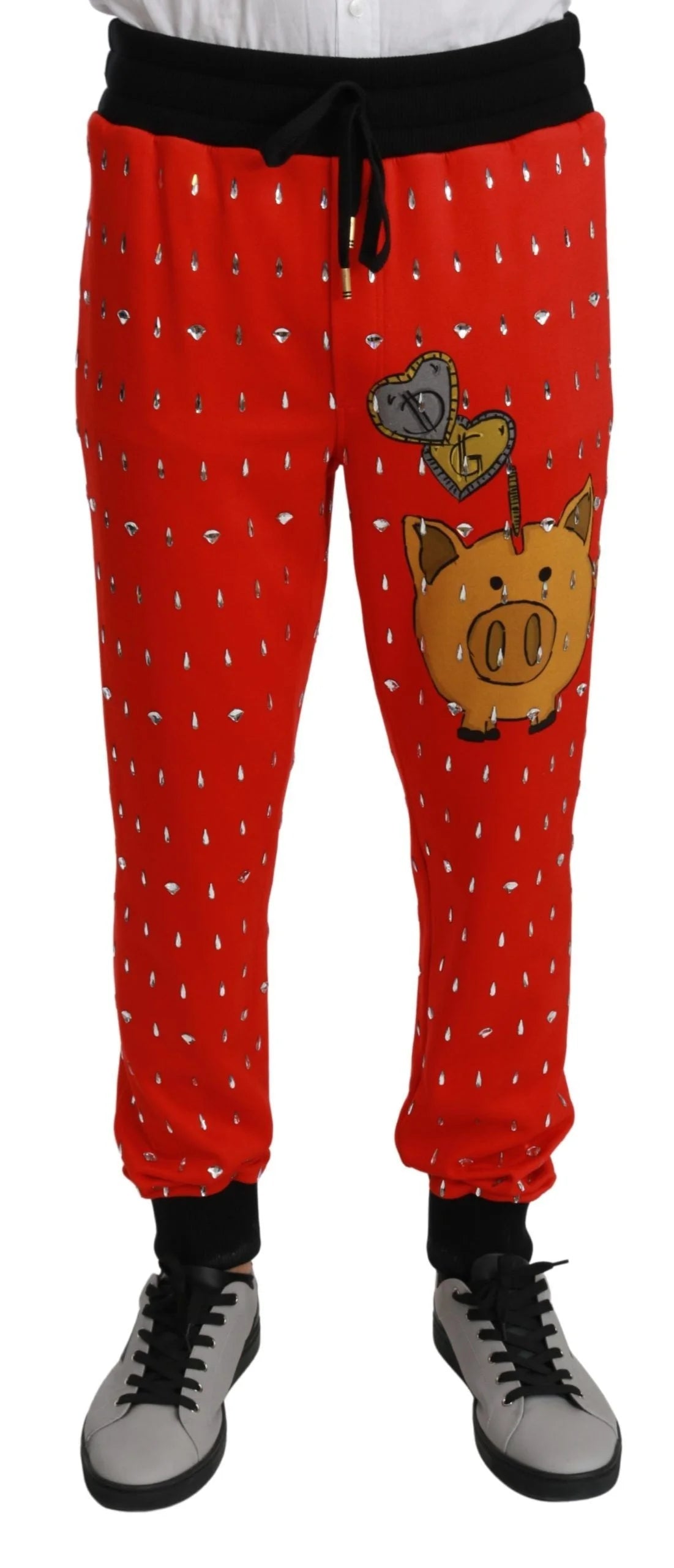 Dolce & Gabbana Red Piggy Bank Cotton Crystal Trousers Pants - Joggers