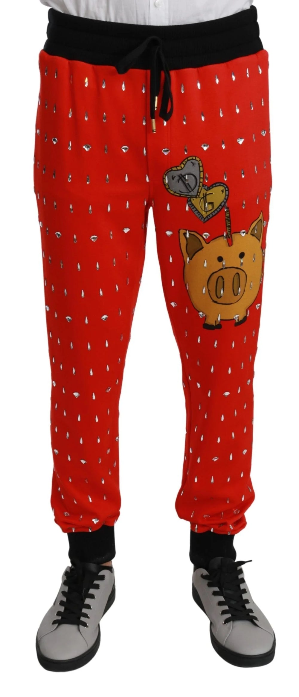 Dolce & Gabbana Red Piggy Bank Cotton Crystal Trousers Pants - Joggers