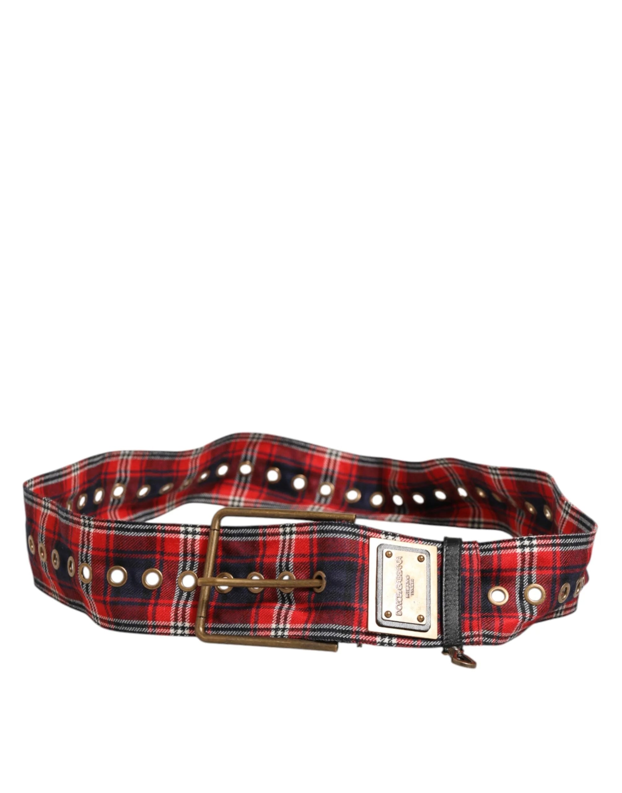 Dolce & Gabbana Red Plaid Fabric Logo Plate Brass Buckle Belt - 90 cm / 36 Inches - Belts