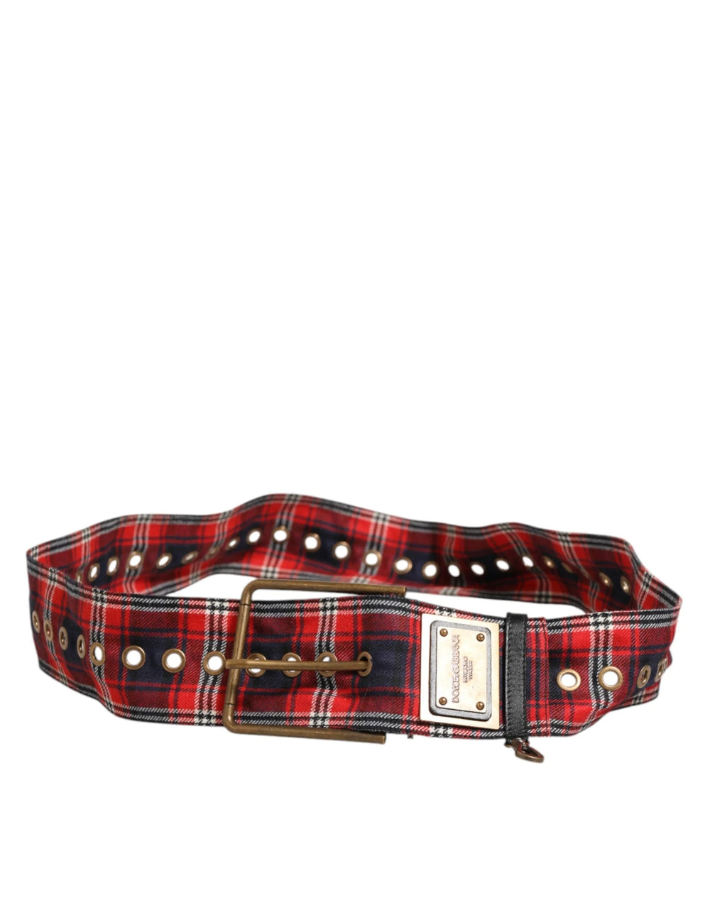 Dolce & Gabbana Red Plaid Fabric Logo Plate Brass Buckle Belt - 90 cm / 36 Inches - Belts
