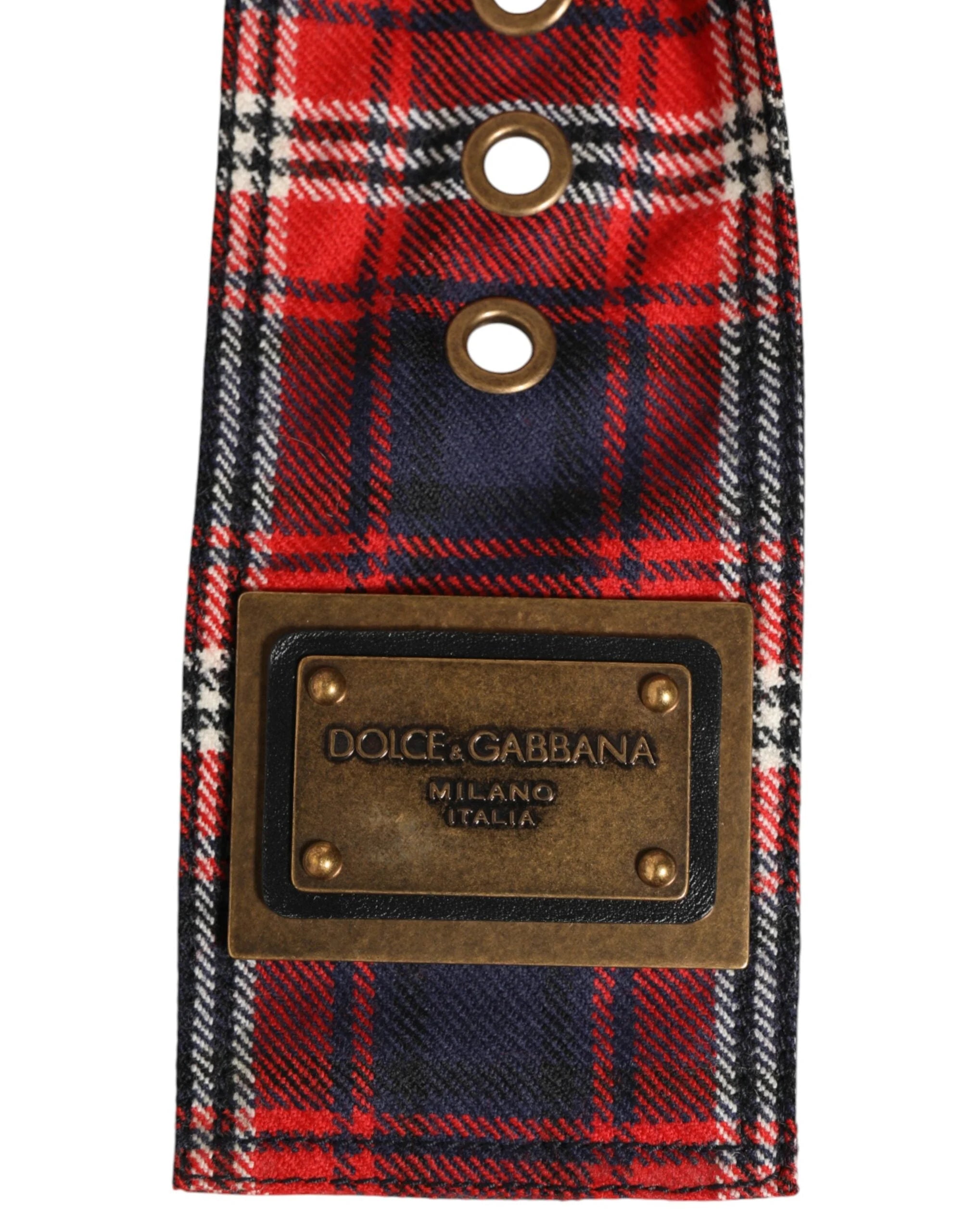 Dolce & Gabbana Red Plaid Fabric Logo Plate Brass Buckle Belt - 90 cm / 36 Inches - Belts
