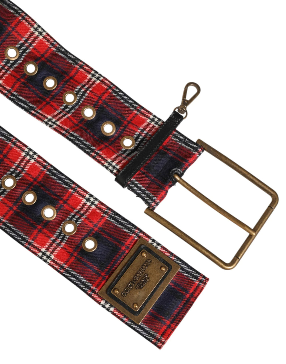 Dolce & Gabbana Red Plaid Fabric Logo Plate Brass Buckle Belt - 90 cm / 36 Inches - Belts