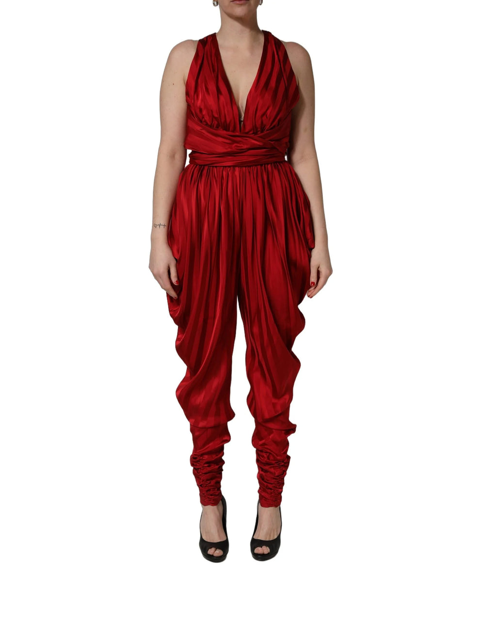 Dolce & Gabbana Red Plunging HalterNeck Draped Jumpsuit Dress - IT42|M