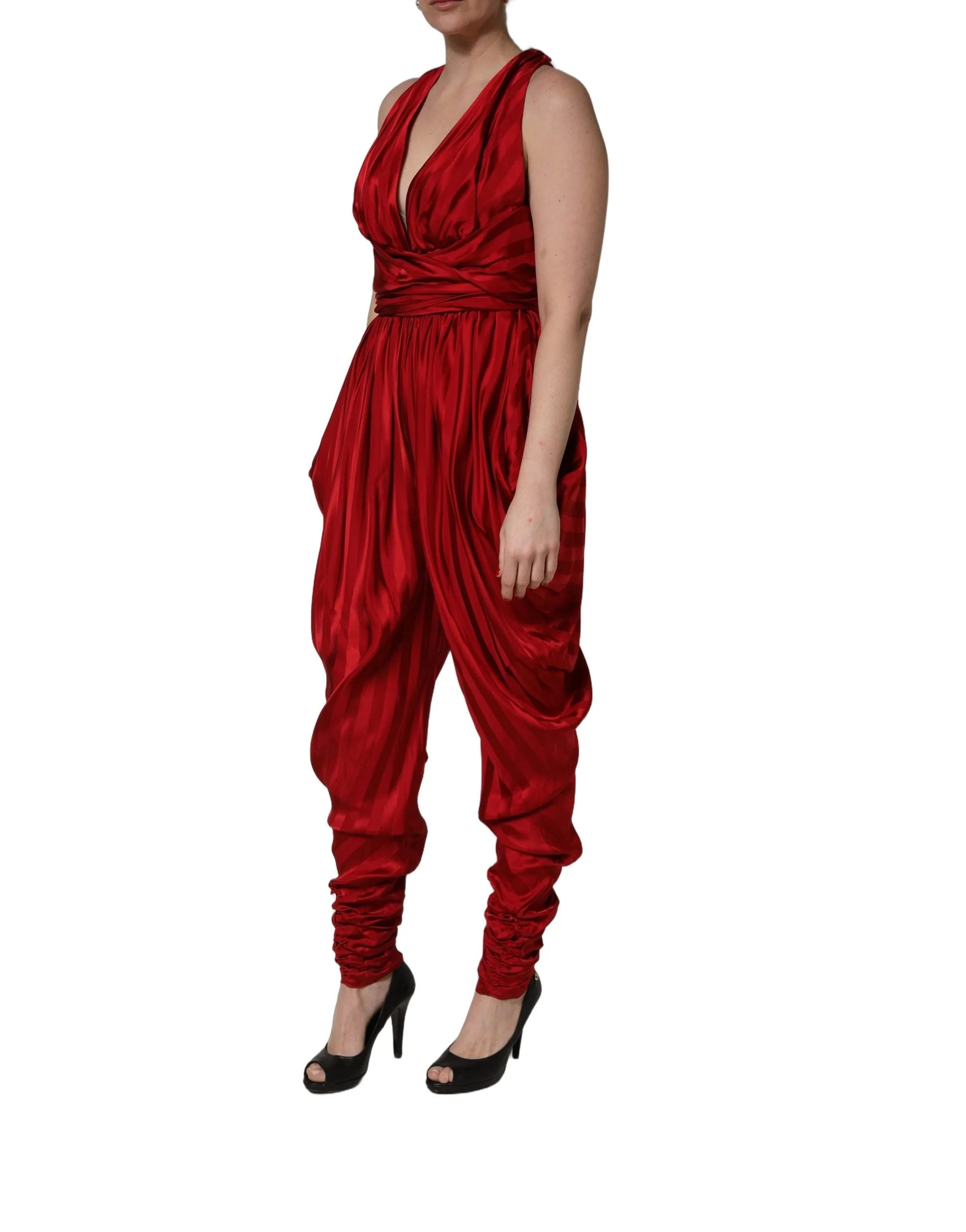 Dolce & Gabbana Red Plunging HalterNeck Draped Jumpsuit Dress - IT42|M