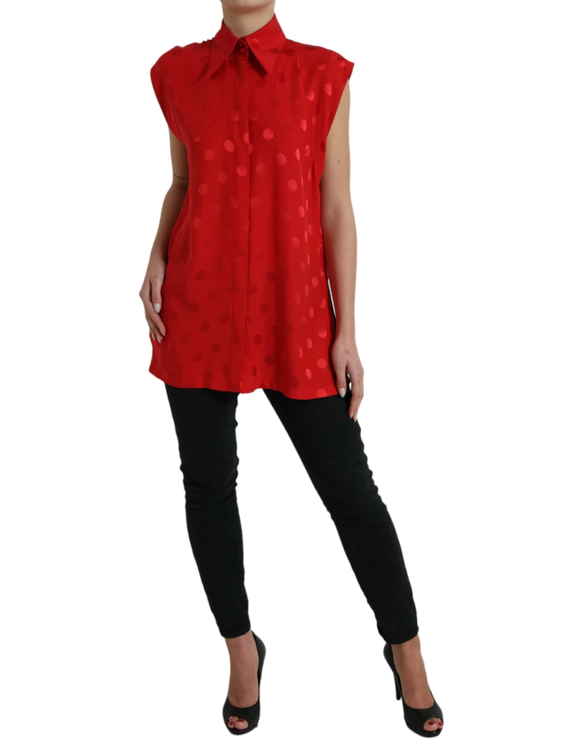 Dolce & Gabbana Red Polka Dot Sleeveless Collared Blouse Top - IT40|S - Blouses