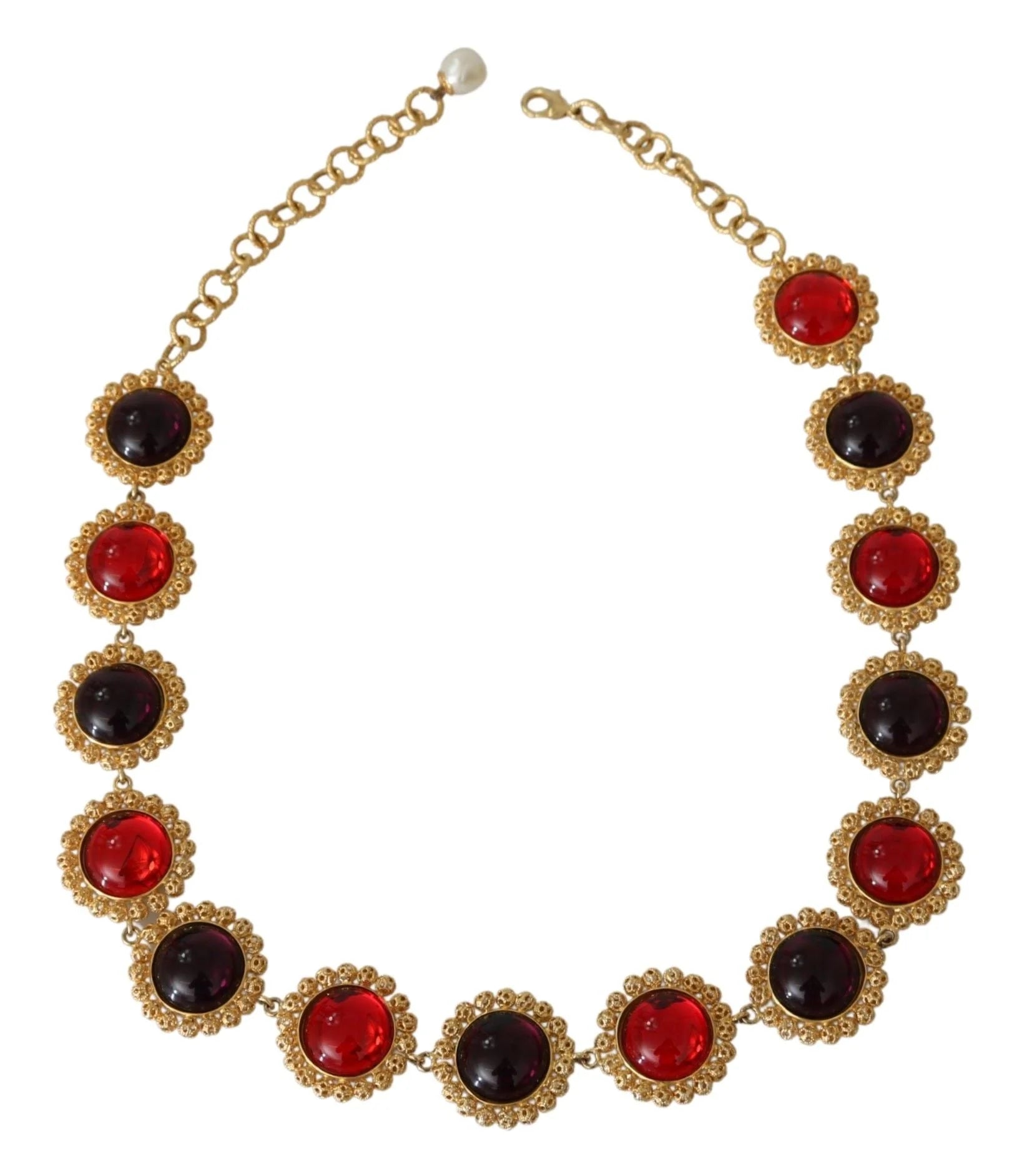 Dolce & Gabbana Red Purple Crystal Floral Chain Statement Gold Brass Necklace - Necklaces