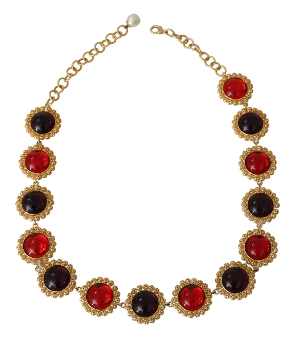 Dolce & Gabbana Red Purple Crystal Floral Chain Statement Gold Brass Necklace - Necklaces